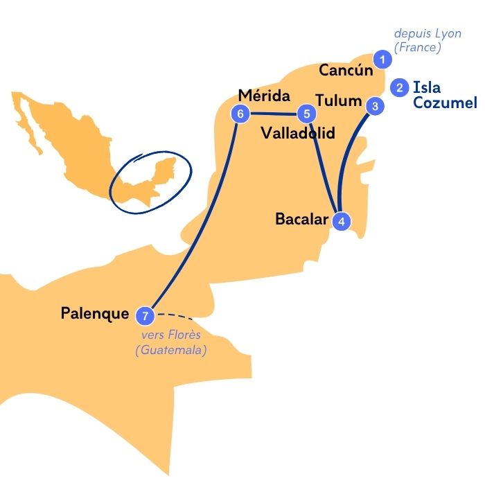 Carte de notre itinéraire au Mexique dans la péninsule du Yucatan