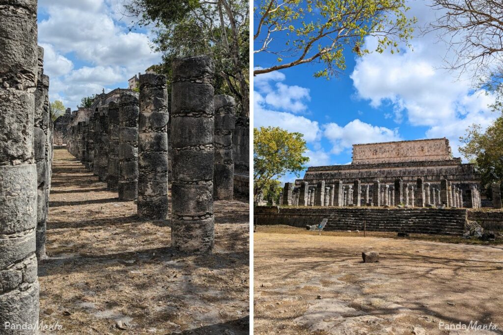 Temple aux 1000 colonnes et bâtiment restauré du site de Chichen Itza au Mexique